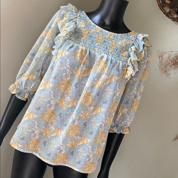 miami Tops - Miami Blue and Yellow Floral Sheer Blouse